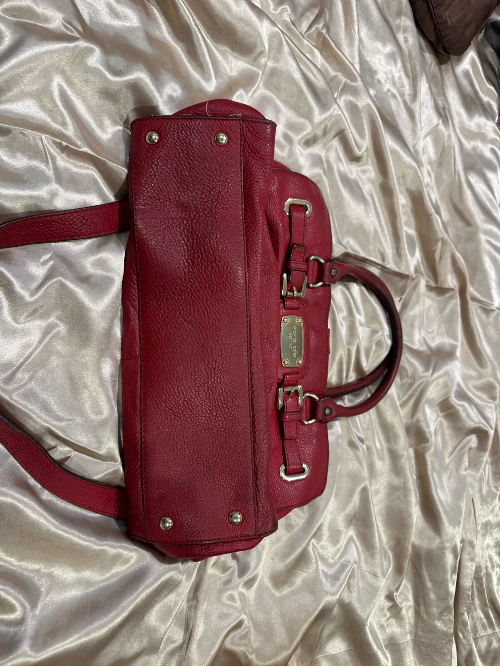 Michael Kors Hamilton Red Pebbled Leather Tote Satchel with Gold Plate